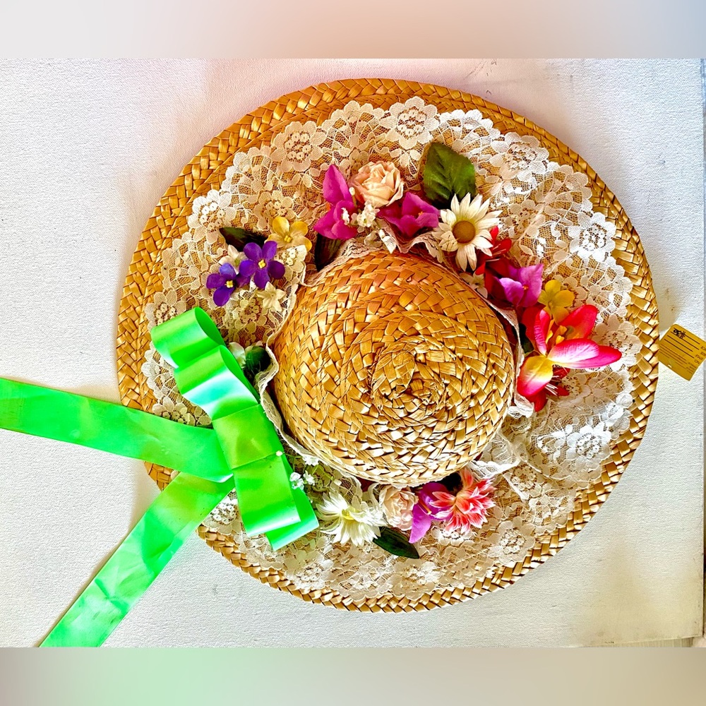 Floral Straw Hat with Green Ribbon
